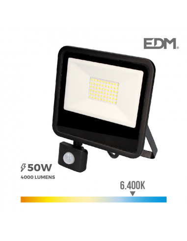 Foco proyector led 50w 4000lm 6400k luz fria con sensor de presencia 23,8x4,5x19,2cm edm