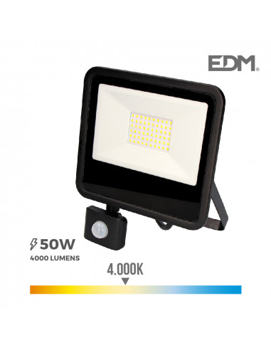 Foco proyector led 50w 4000lm 4000k luz dia con sensor de presencia 23,8x4,5x19,2cm edm