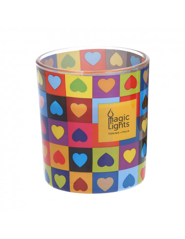 Vela en vaso pop art ø7,5cm al.8,4cm corazones magic lights