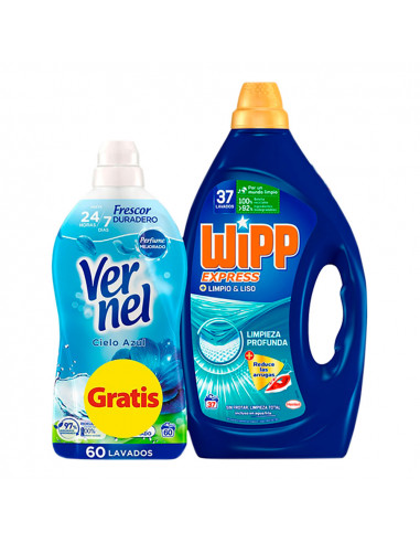 Pack detergente wipp gel limpio liso 37+vernel 60 lavados